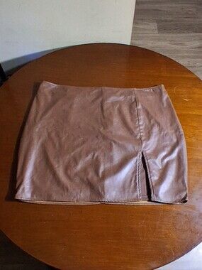Brown Faux Leather Mini Skirt with Side Slit